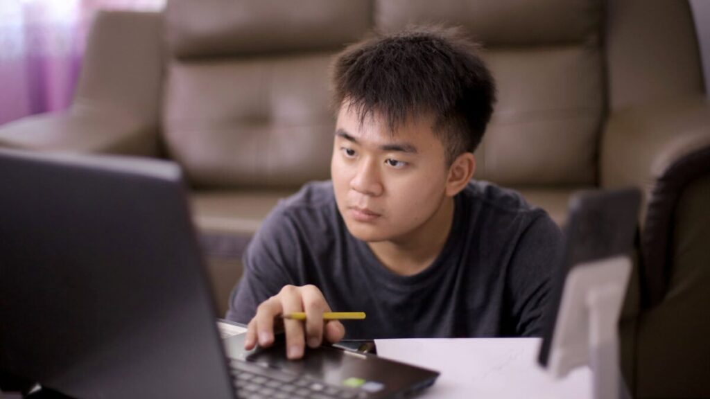 Young adult concentrates on laptop screen