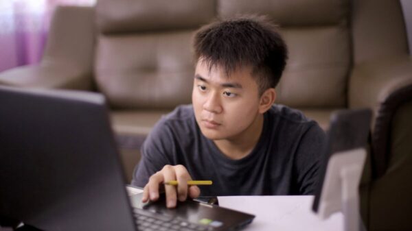 Young adult concentrates on laptop screen