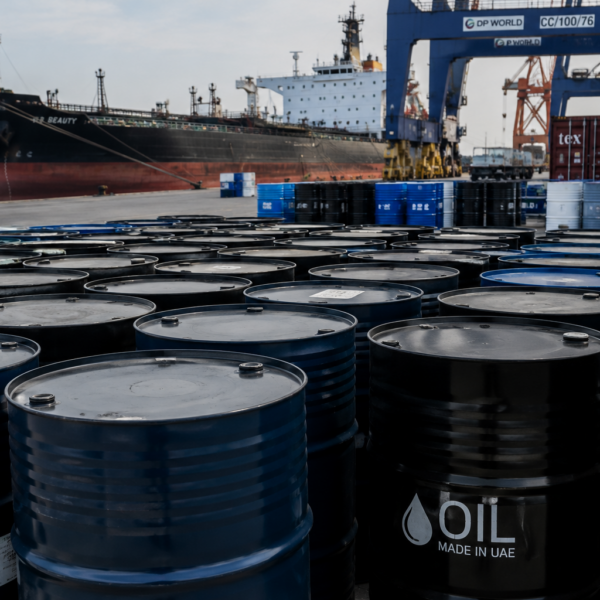 Oil barrels at a port