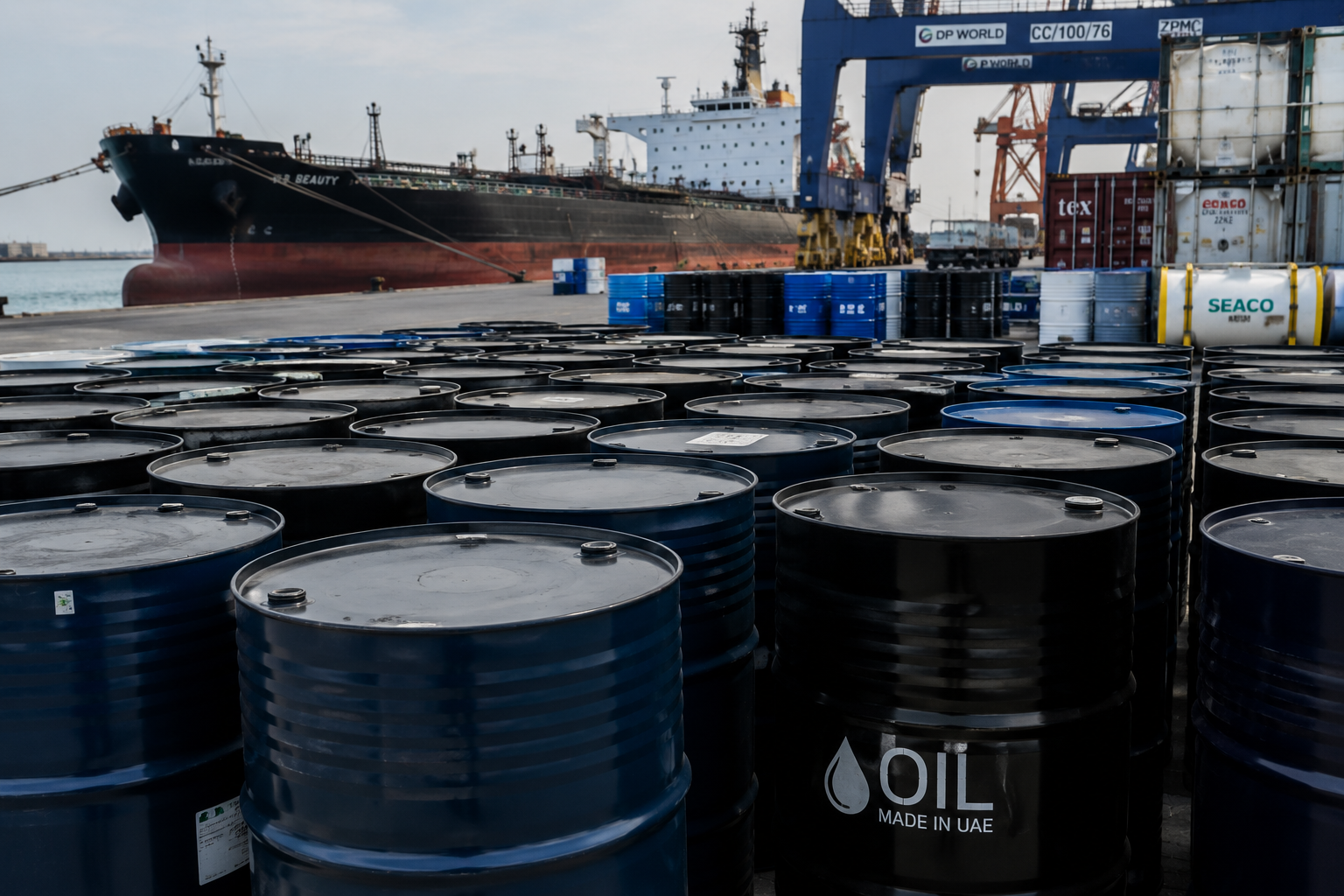 Oil barrels at a port