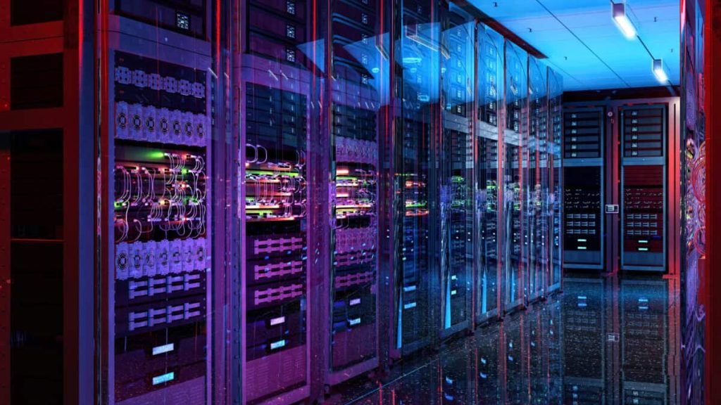 data center server racks glow with light