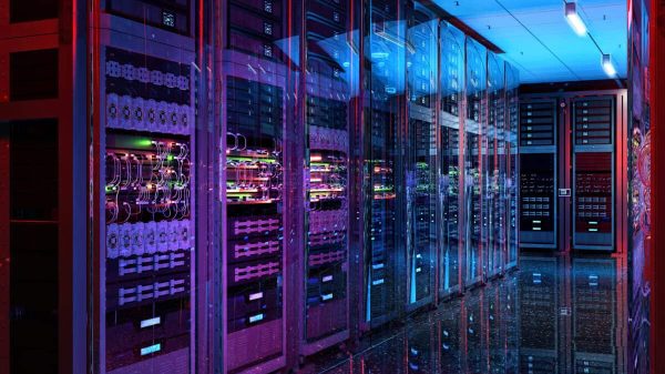 data center server racks glow with light