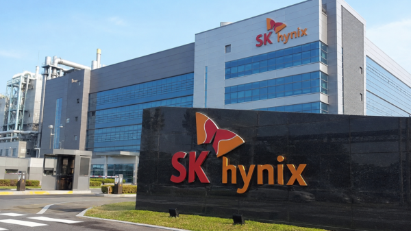 SK Hynix logo outside the company’s semiconductor manufacturing facility.
