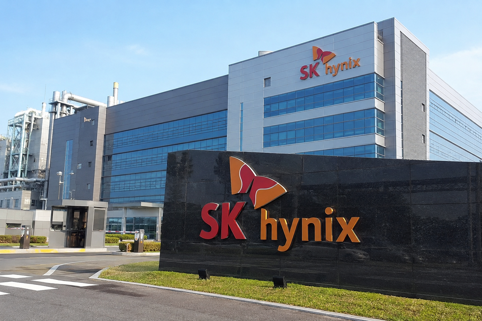 SK Hynix logo outside the company’s semiconductor manufacturing facility.