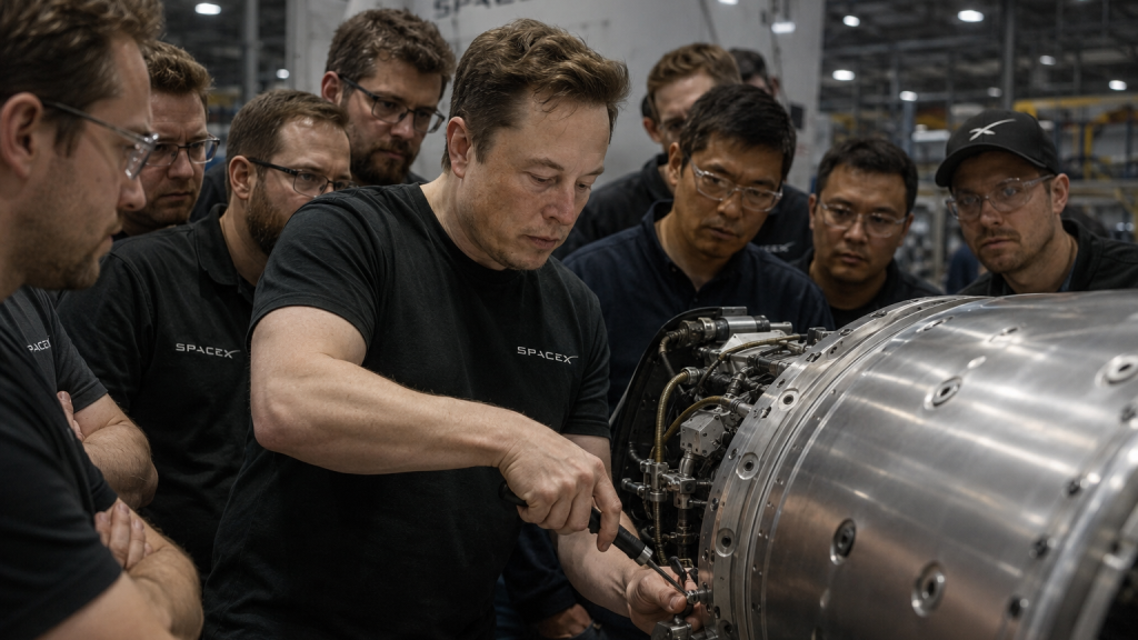 Elon Musk working at SpaceX workshop