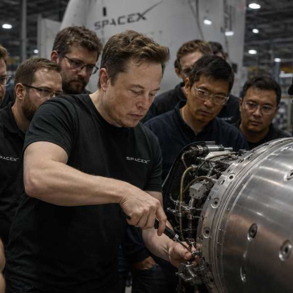 Elon Musk working at SpaceX workshop