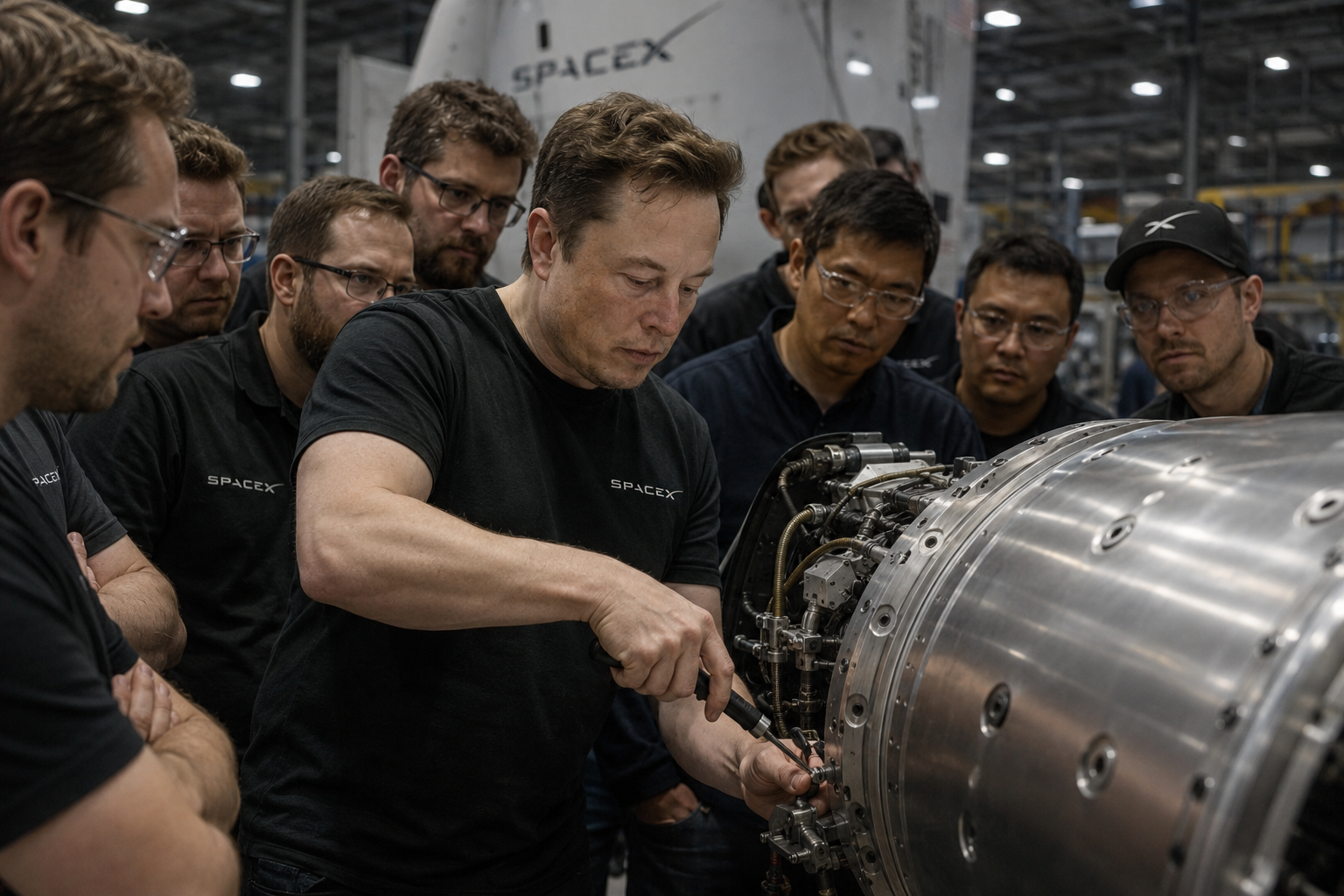 Elon Musk working at SpaceX workshop
