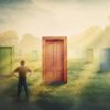 Canadian investor contemplating U.S. stocks with multiple doors to choose from.