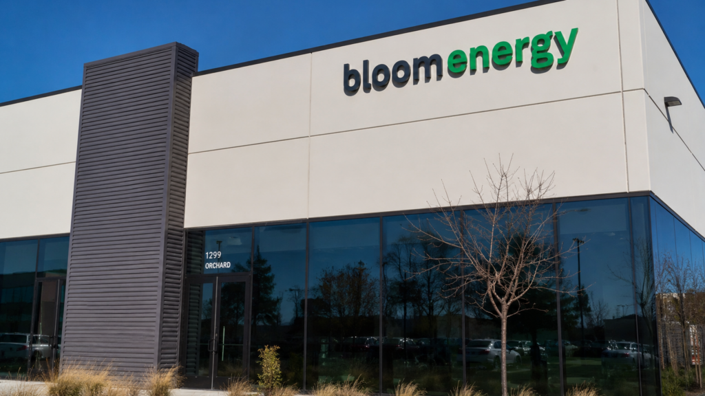 Bloom Energy logo displayed on the exterior of a modern office building