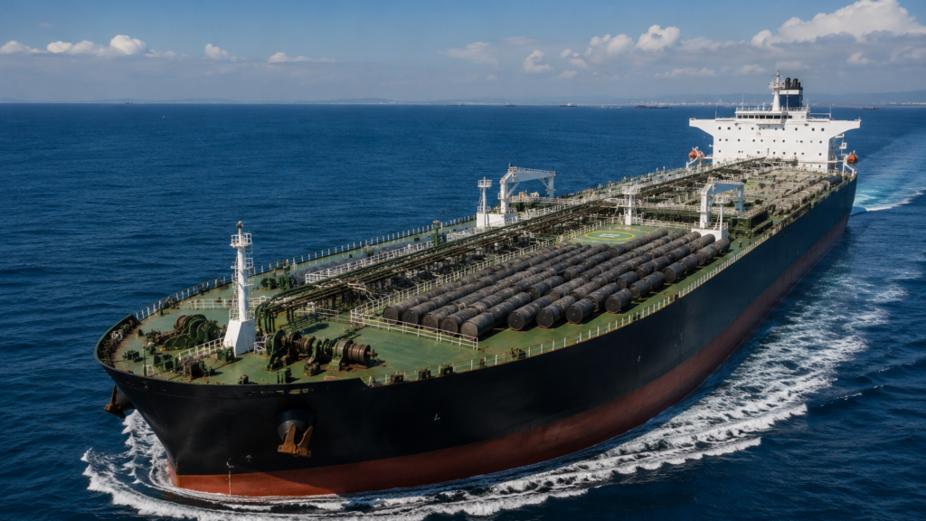 A large oil tanker carries rows of crude barrels across calm blue waters.