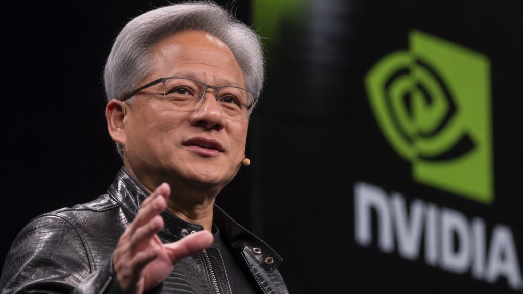 Jensen Huang speaks on stage beside a large Nvidia logo during a technology event.
