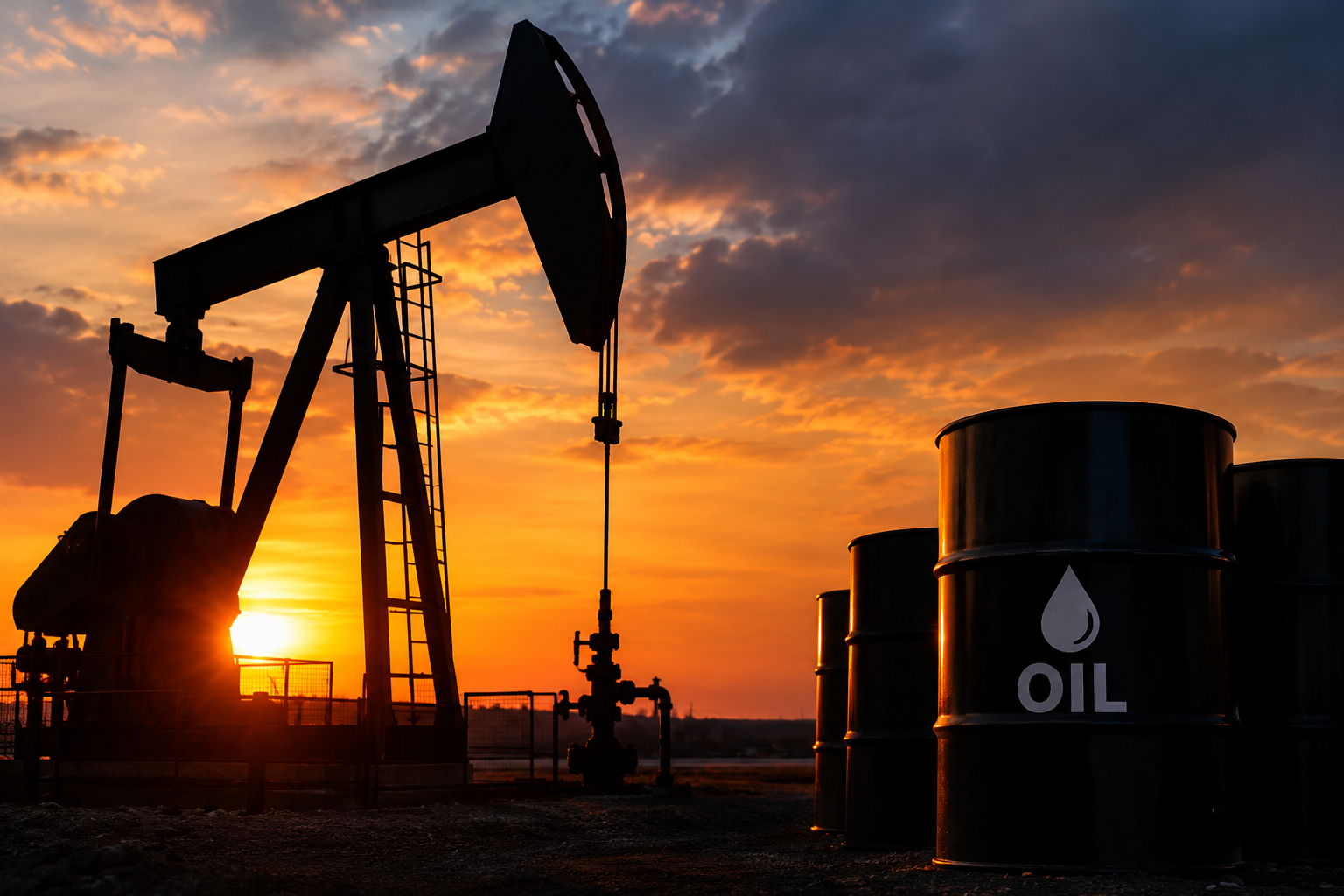Sunset Pumpjack and Oil Barrels